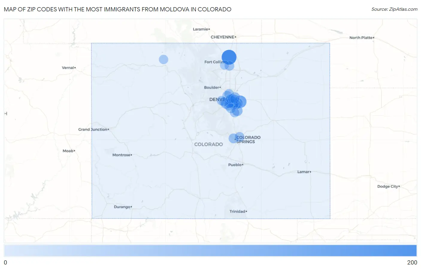 Zip Codes with the Most Immigrants from Moldova in Colorado Map