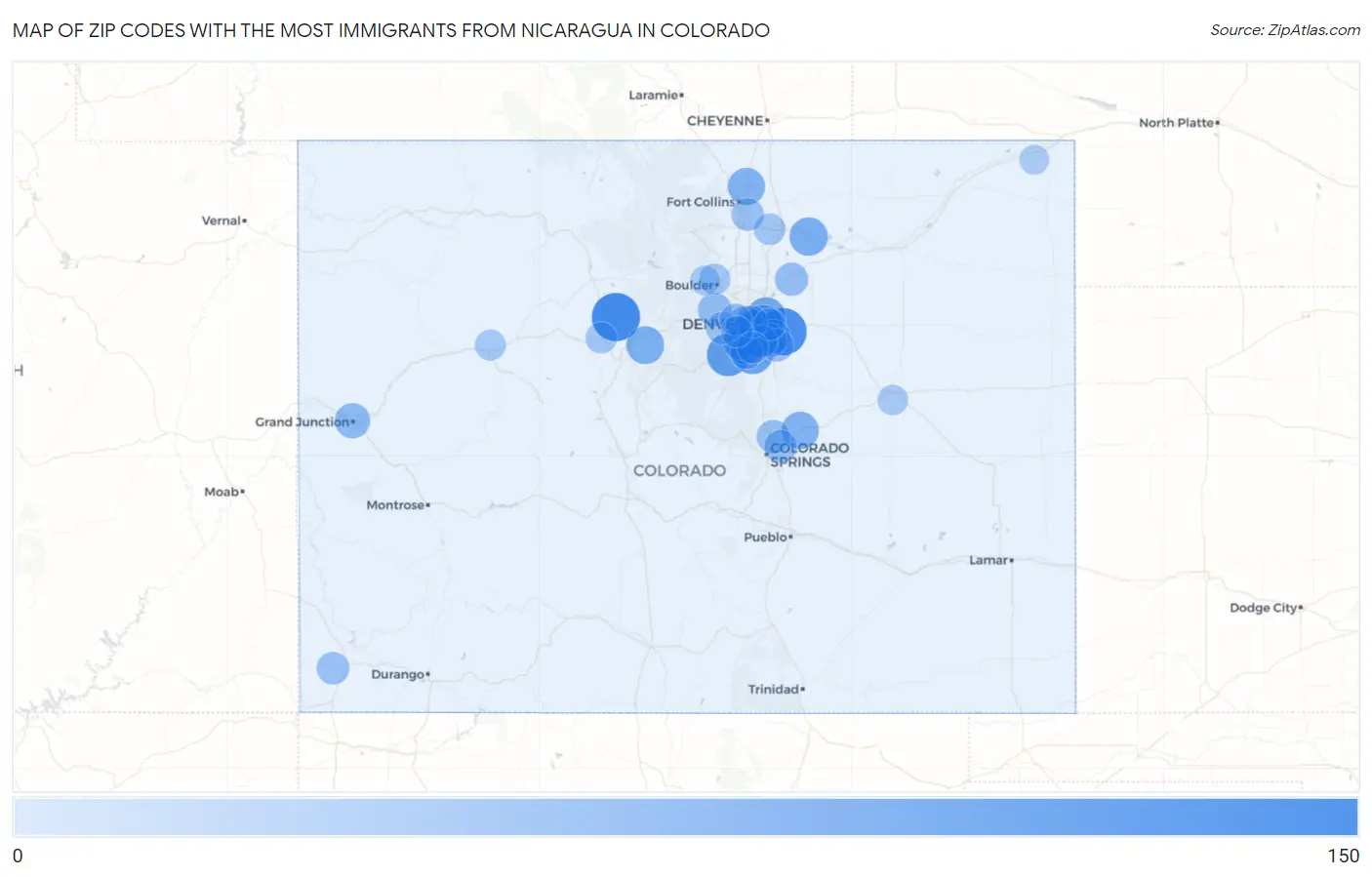 Zip Codes with the Most Immigrants from Nicaragua in Colorado Map