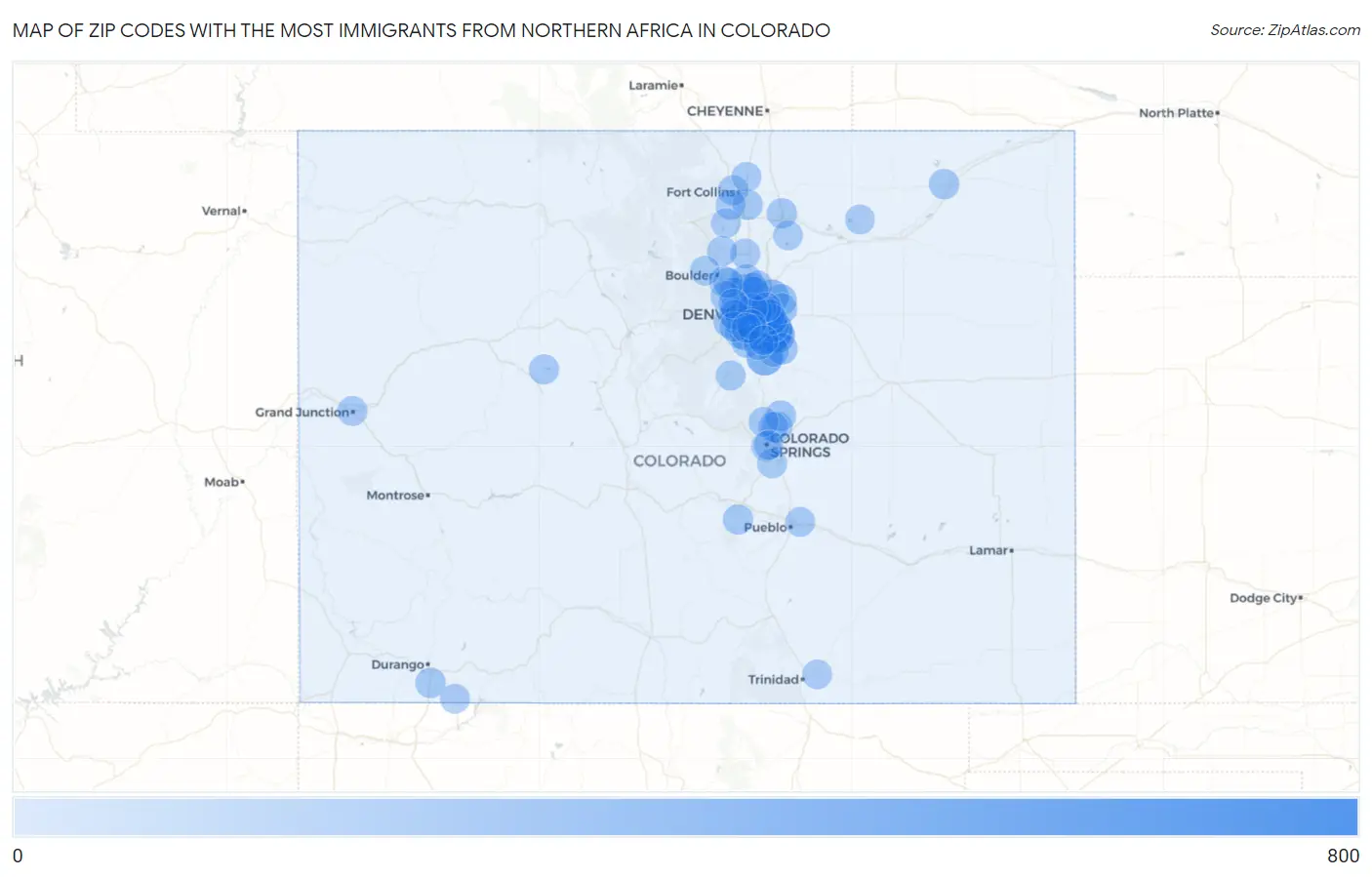 Zip Codes with the Most Immigrants from Northern Africa in Colorado Map