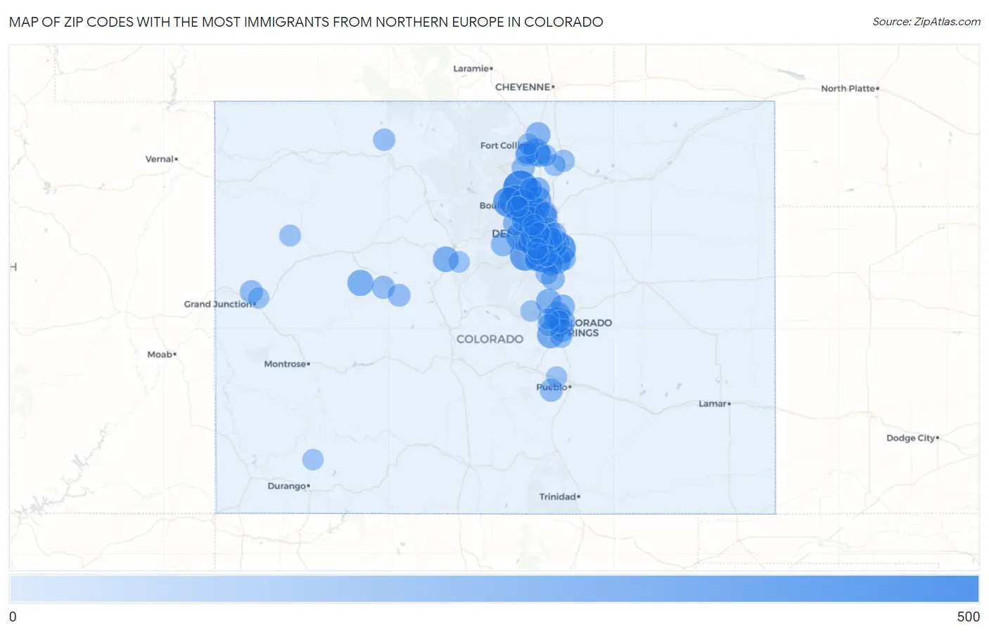 Zip Codes with the Most Immigrants from Northern Europe in Colorado Map