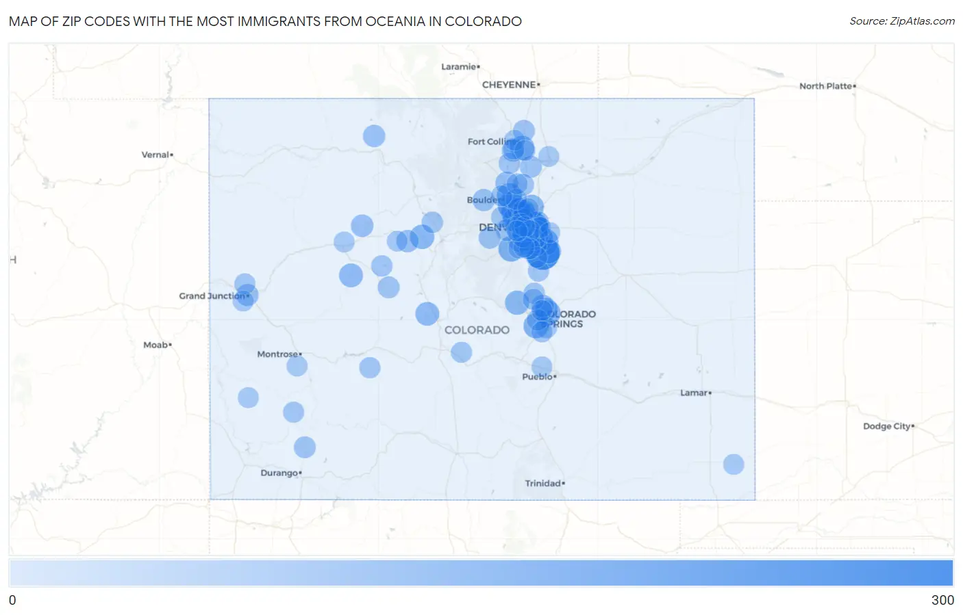 Zip Codes with the Most Immigrants from Oceania in Colorado Map