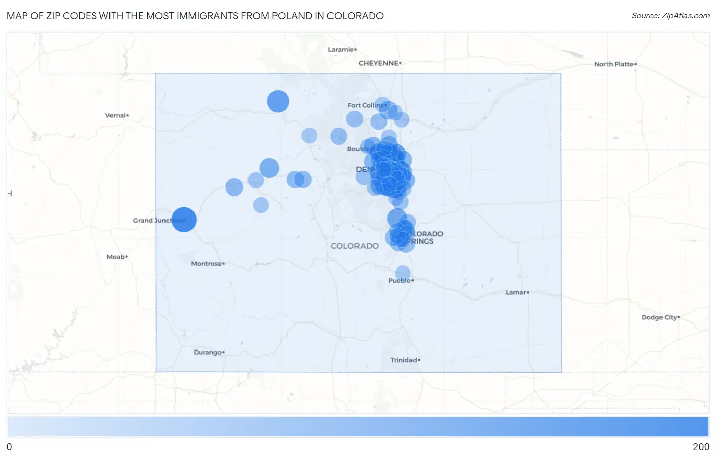 Zip Codes with the Most Immigrants from Poland in Colorado Map