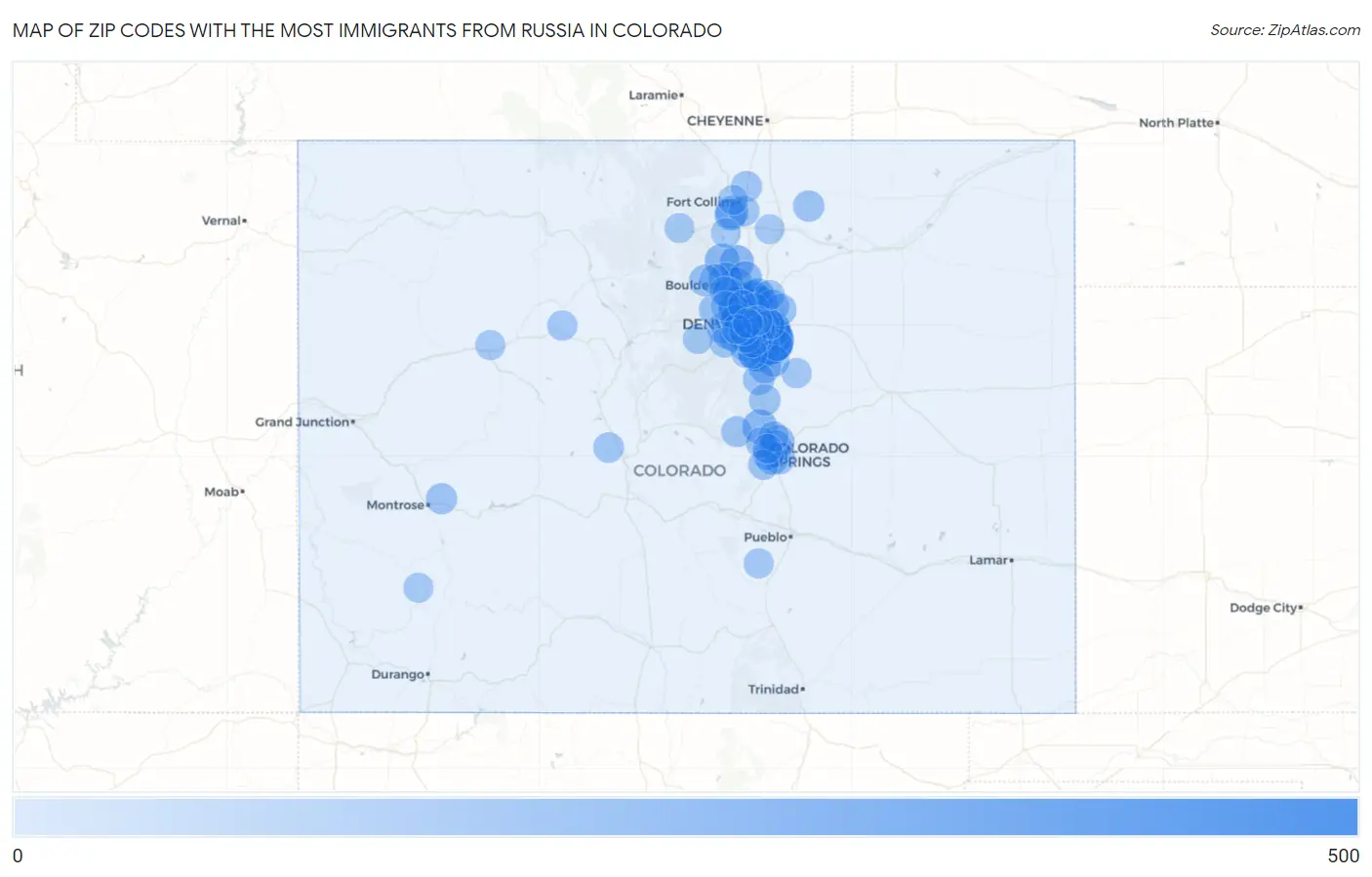 Zip Codes with the Most Immigrants from Russia in Colorado Map