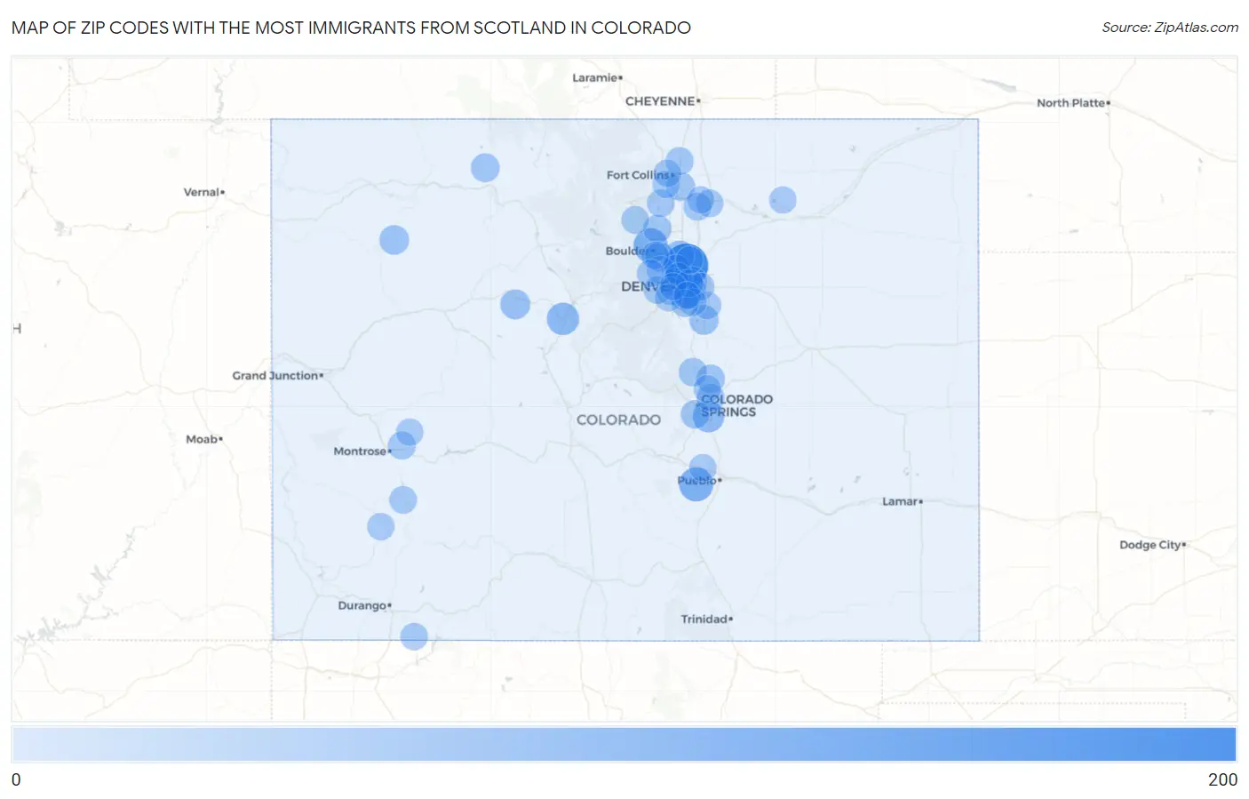Zip Codes with the Most Immigrants from Scotland in Colorado Map