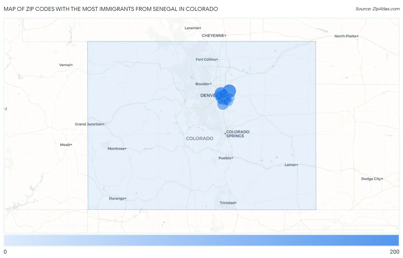 Zip Codes with the Most Immigrants from Senegal in Colorado Map