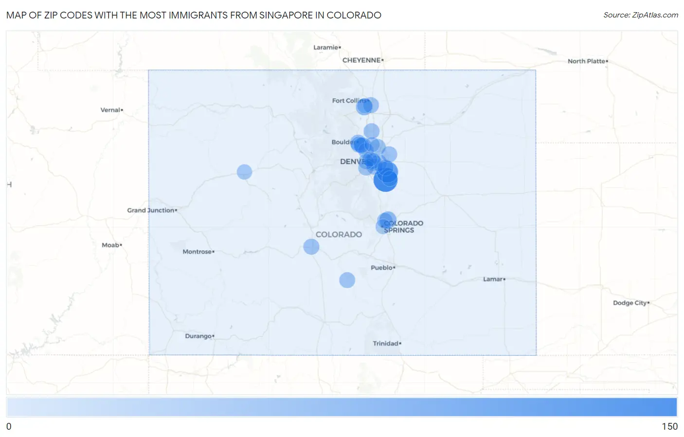 Zip Codes with the Most Immigrants from Singapore in Colorado Map