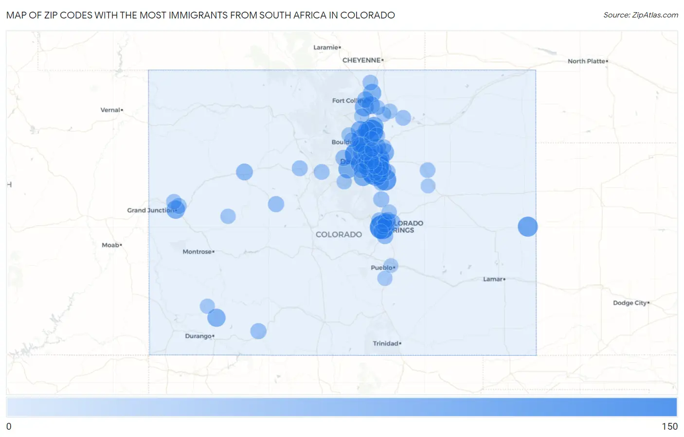 Zip Codes with the Most Immigrants from South Africa in Colorado Map