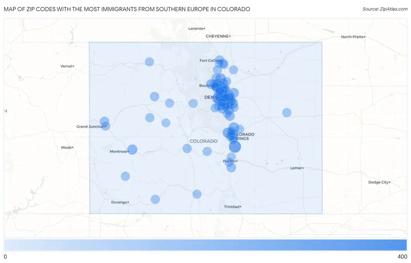 Zip Codes with the Most Immigrants from Southern Europe in Colorado Map