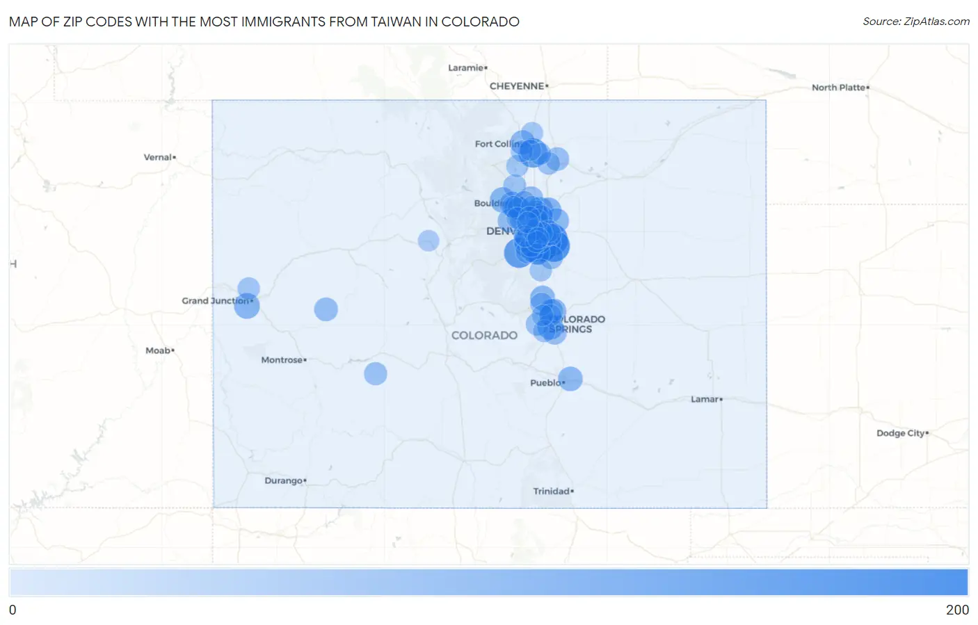 Zip Codes with the Most Immigrants from Taiwan in Colorado Map