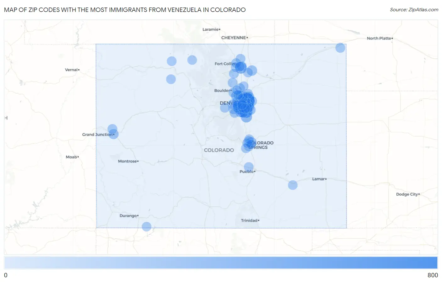 Zip Codes with the Most Immigrants from Venezuela in Colorado Map