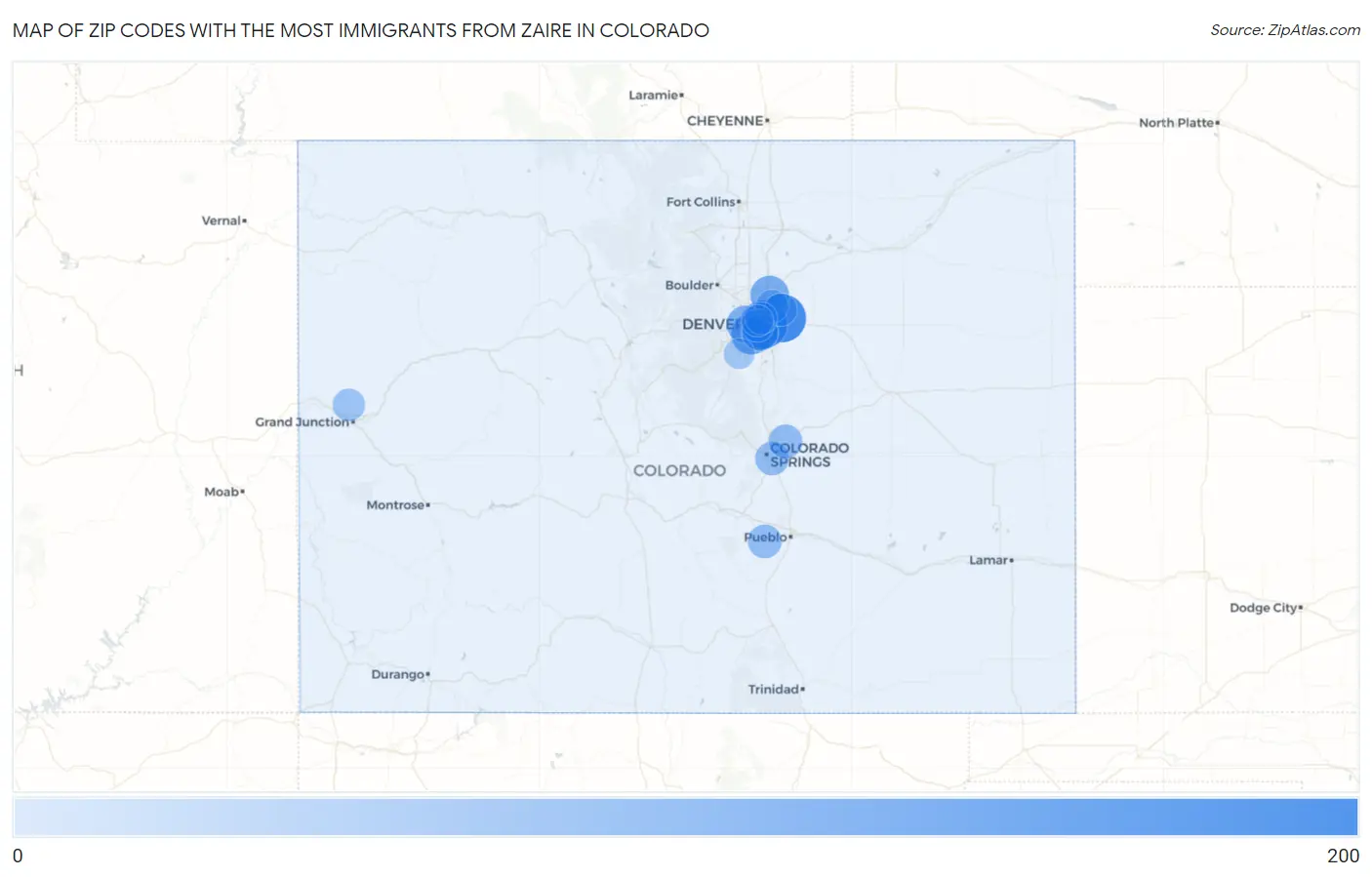 Zip Codes with the Most Immigrants from Zaire in Colorado Map