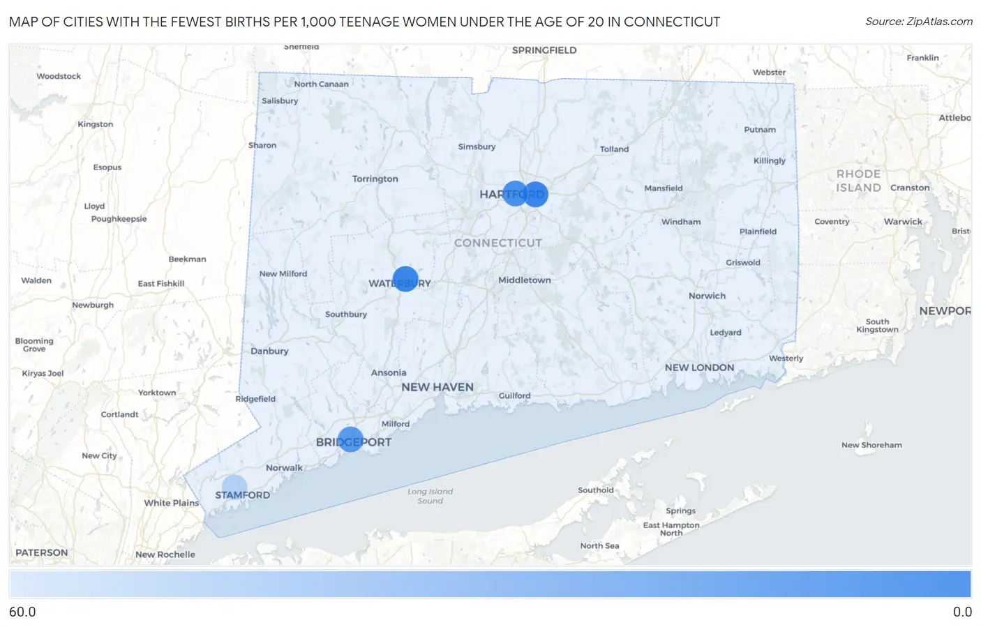 Cities with the Fewest Births per 1,000 Teenage Women Under the Age of 20 in Connecticut Map