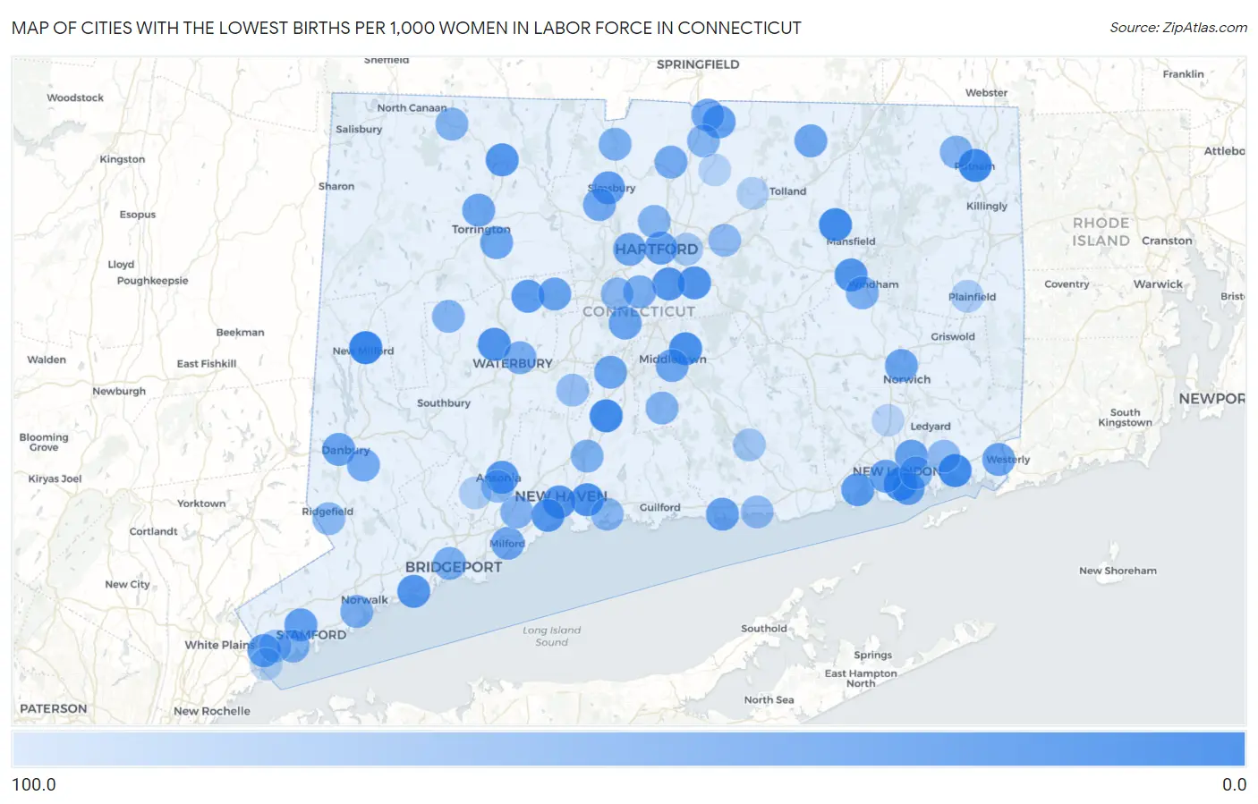 Cities with the Lowest Births per 1,000 Women in Labor Force in Connecticut Map
