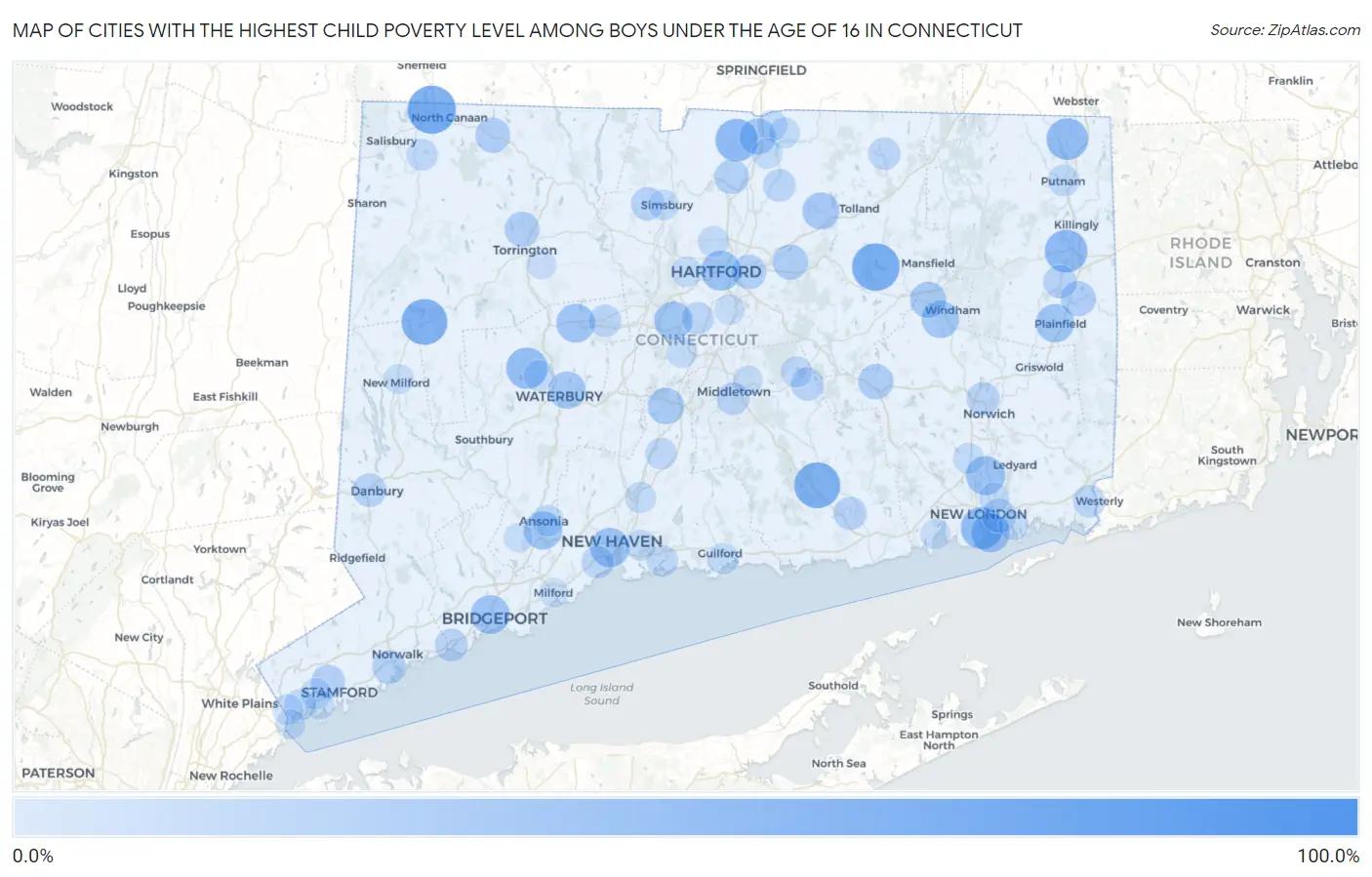Cities with the Highest Child Poverty Level Among Boys Under the Age of 16 in Connecticut Map