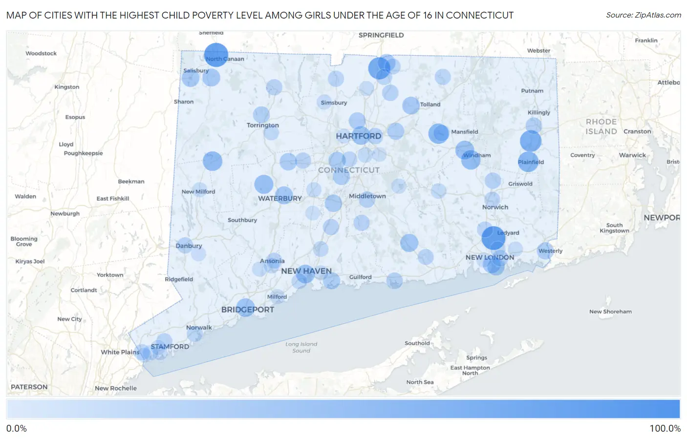 Cities with the Highest Child Poverty Level Among Girls Under the Age of 16 in Connecticut Map