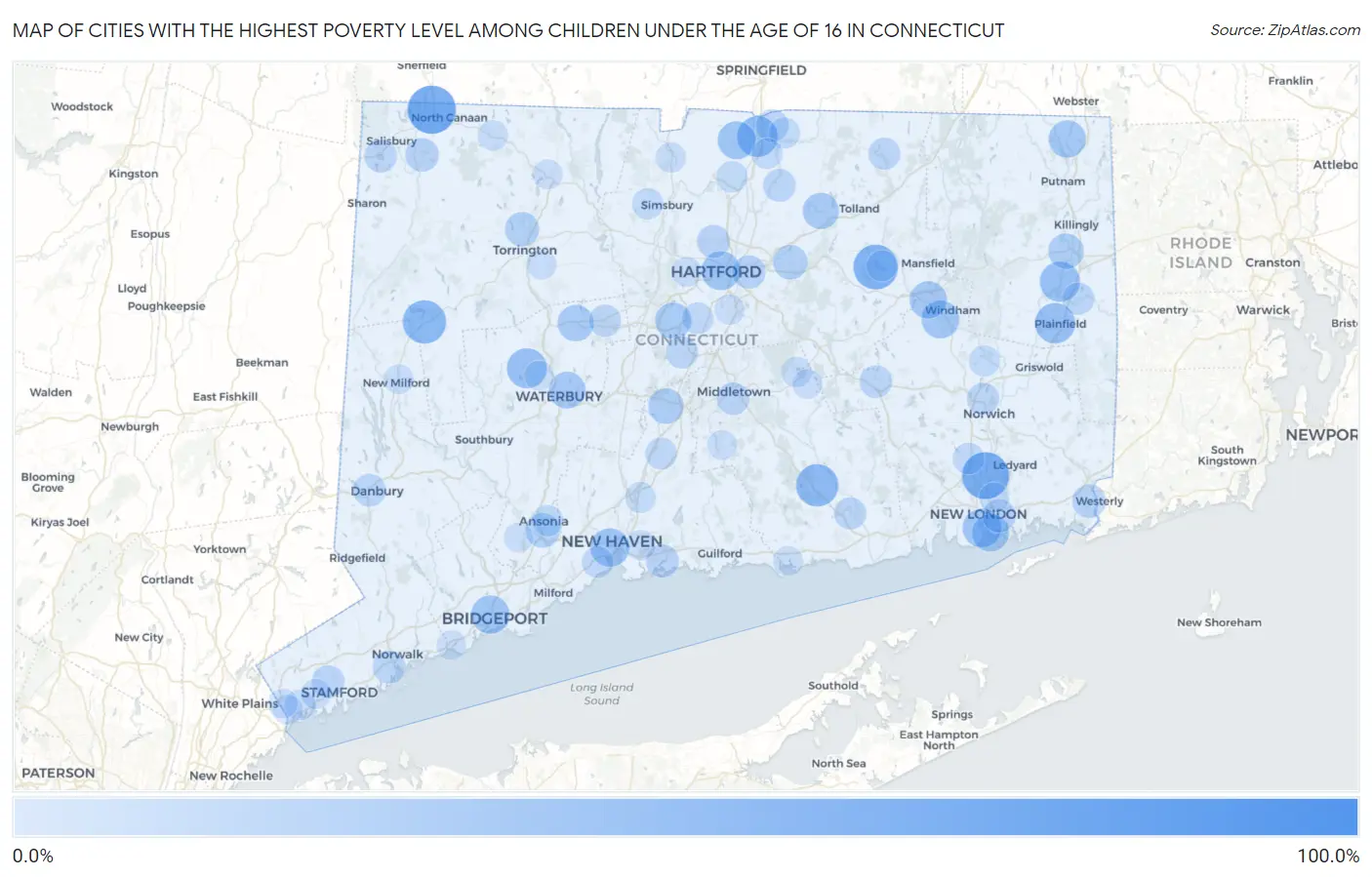Cities with the Highest Poverty Level Among Children Under the Age of 16 in Connecticut Map