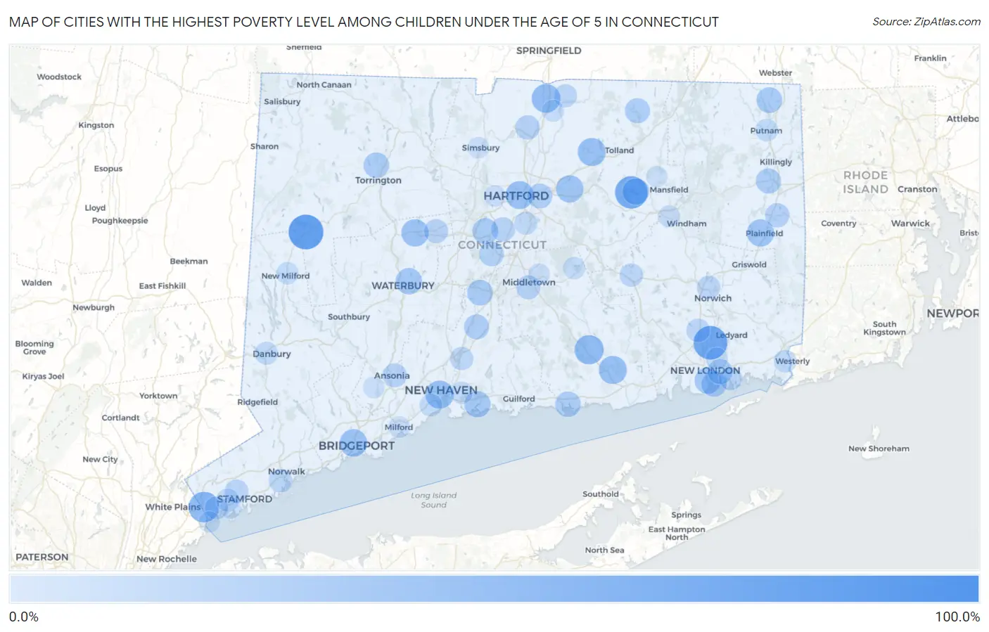 Cities with the Highest Poverty Level Among Children Under the Age of 5 in Connecticut Map