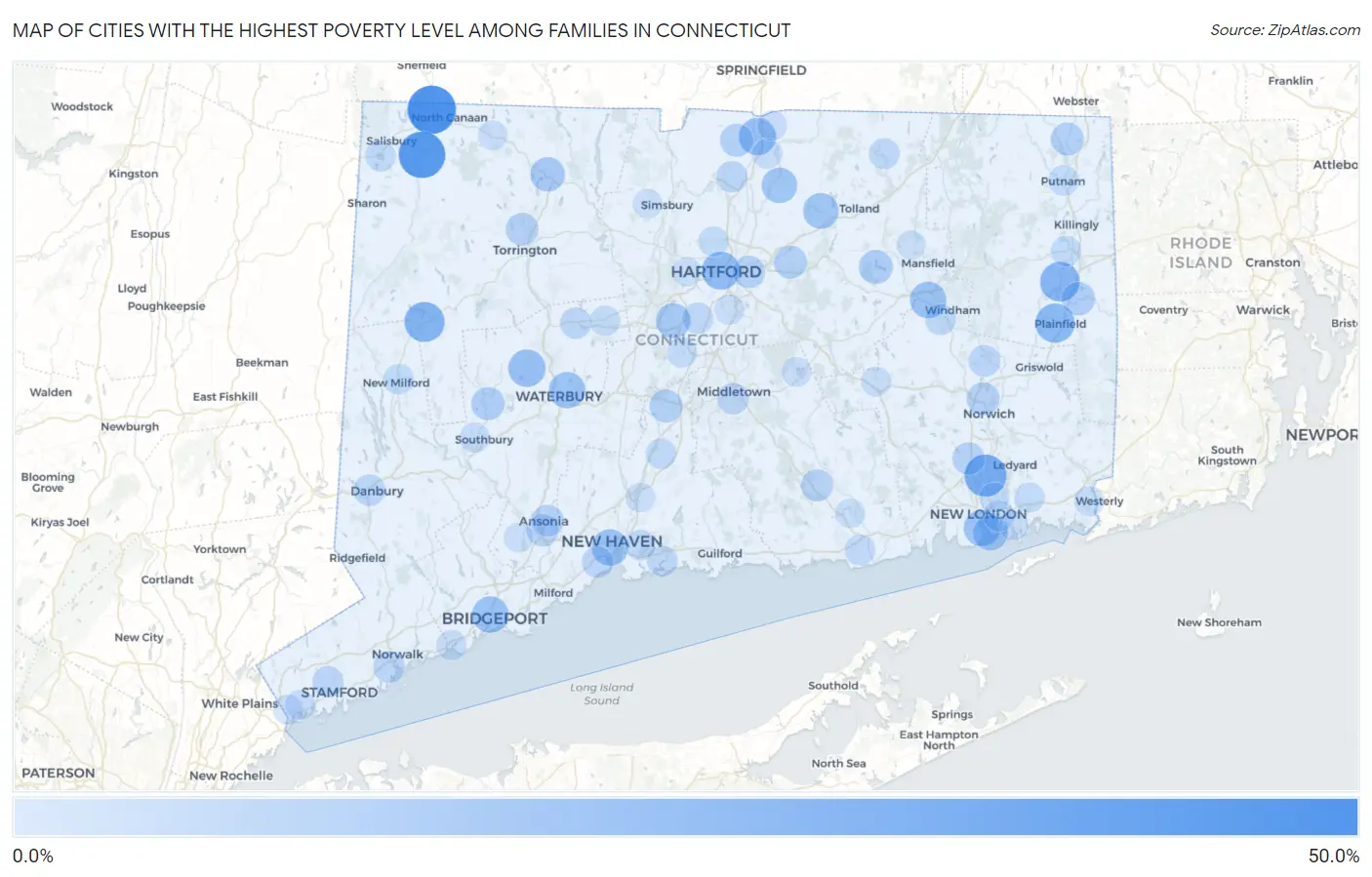 Cities with the Highest Poverty Level Among Families in Connecticut Map