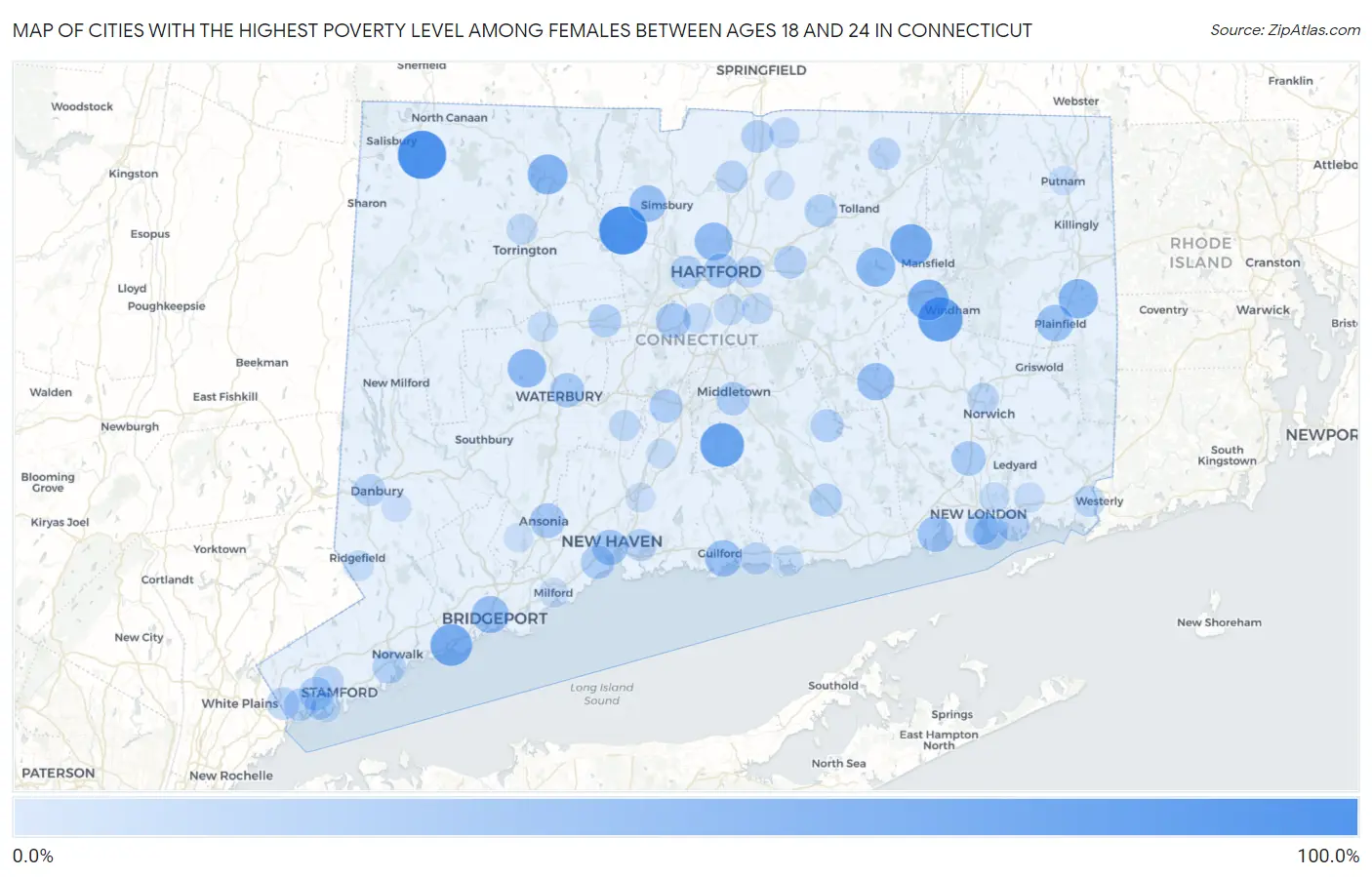 Cities with the Highest Poverty Level Among Females Between Ages 18 and 24 in Connecticut Map