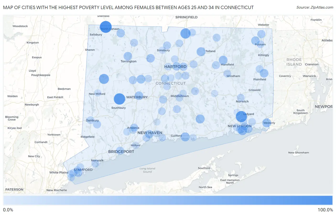 Cities with the Highest Poverty Level Among Females Between Ages 25 and 34 in Connecticut Map