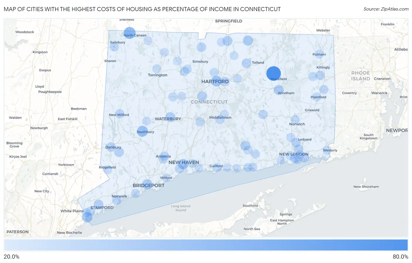 Cities with the Highest Costs of Housing as Percentage of Income in Connecticut Map