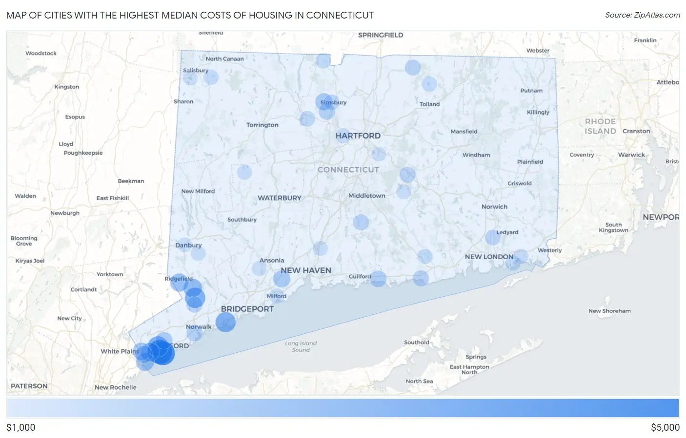 Cities with the Highest Median Costs of Housing in Connecticut Map