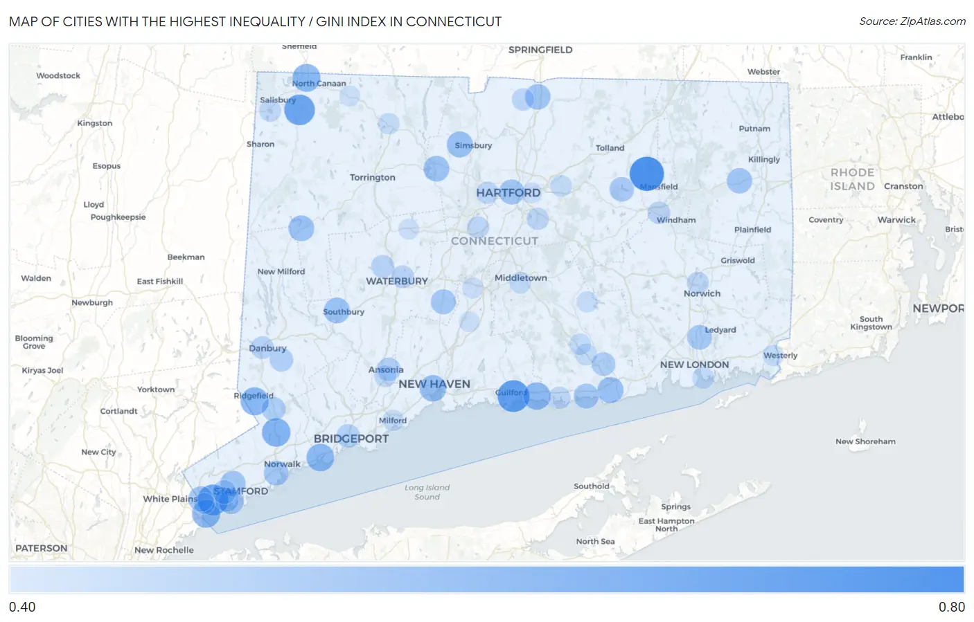 Cities with the Highest Inequality / Gini Index in Connecticut Map