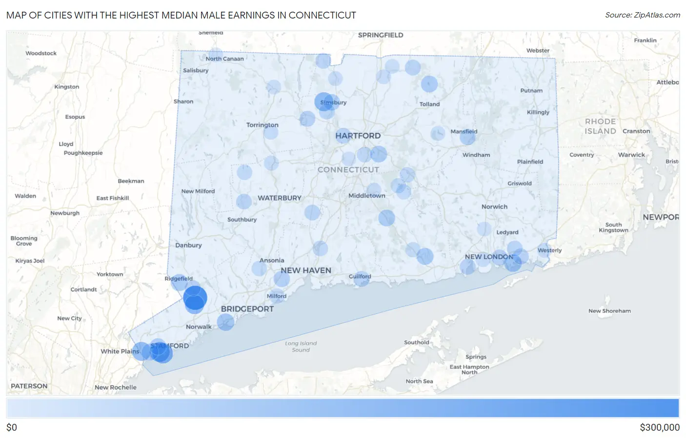 Cities with the Highest Median Male Earnings in Connecticut Map
