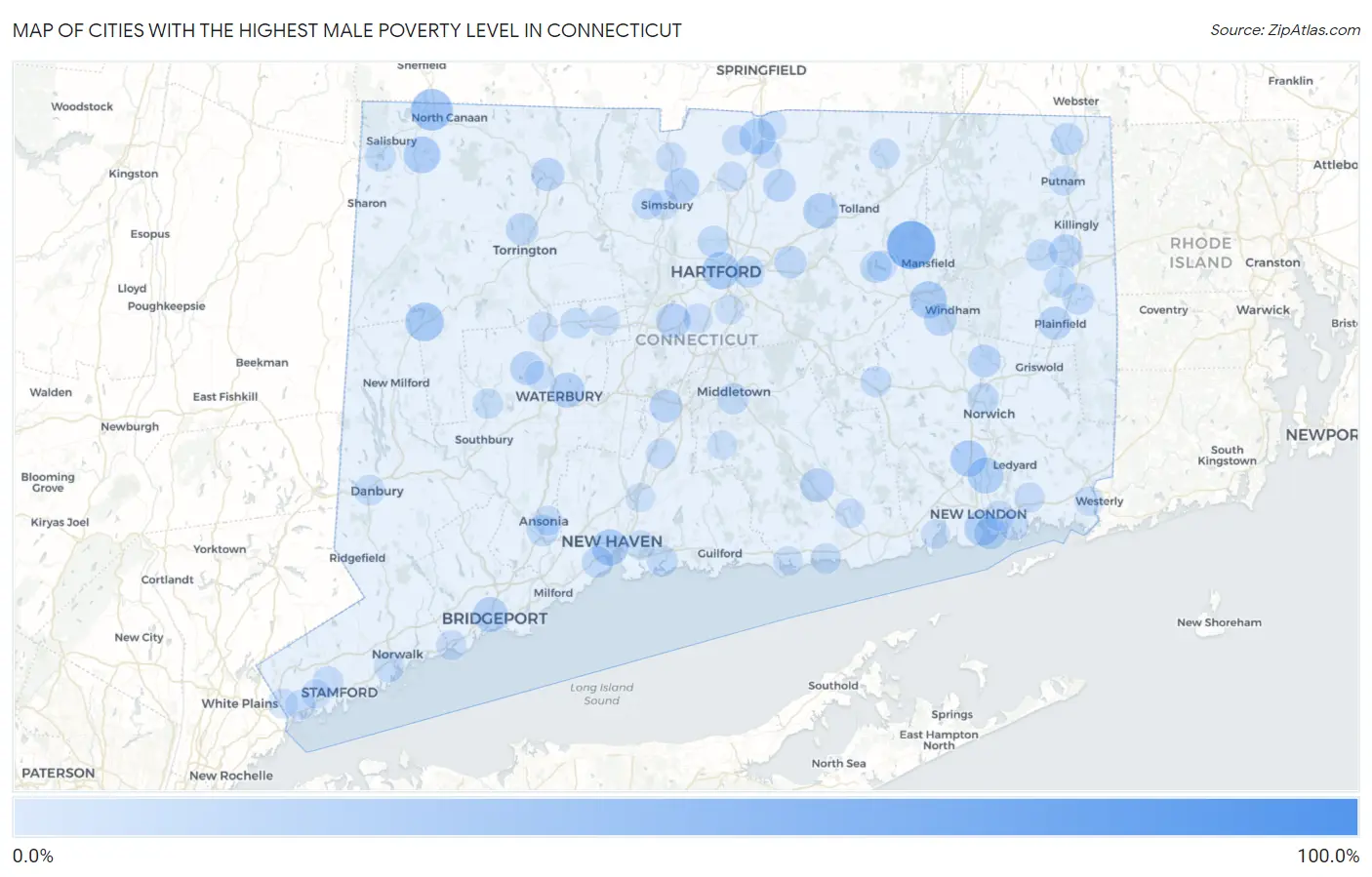 Cities with the Highest Male Poverty Level in Connecticut Map