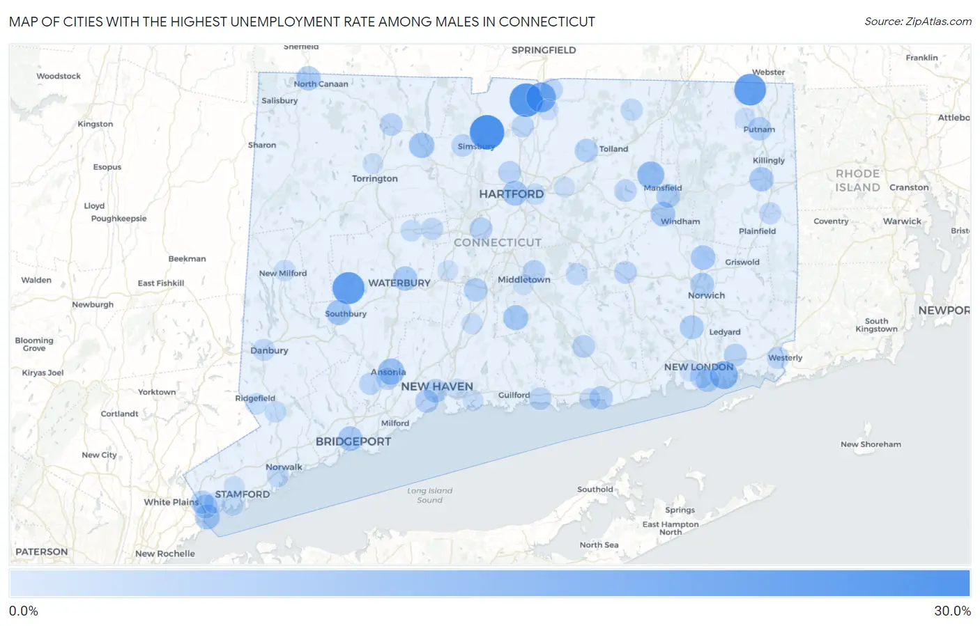 Cities with the Highest Unemployment Rate Among Males in Connecticut Map