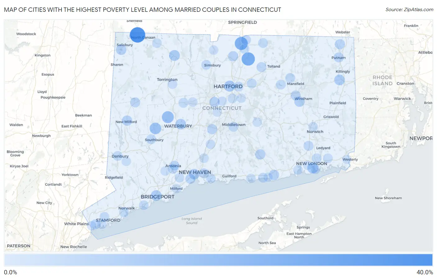 Cities with the Highest Poverty Level Among Married Couples in Connecticut Map