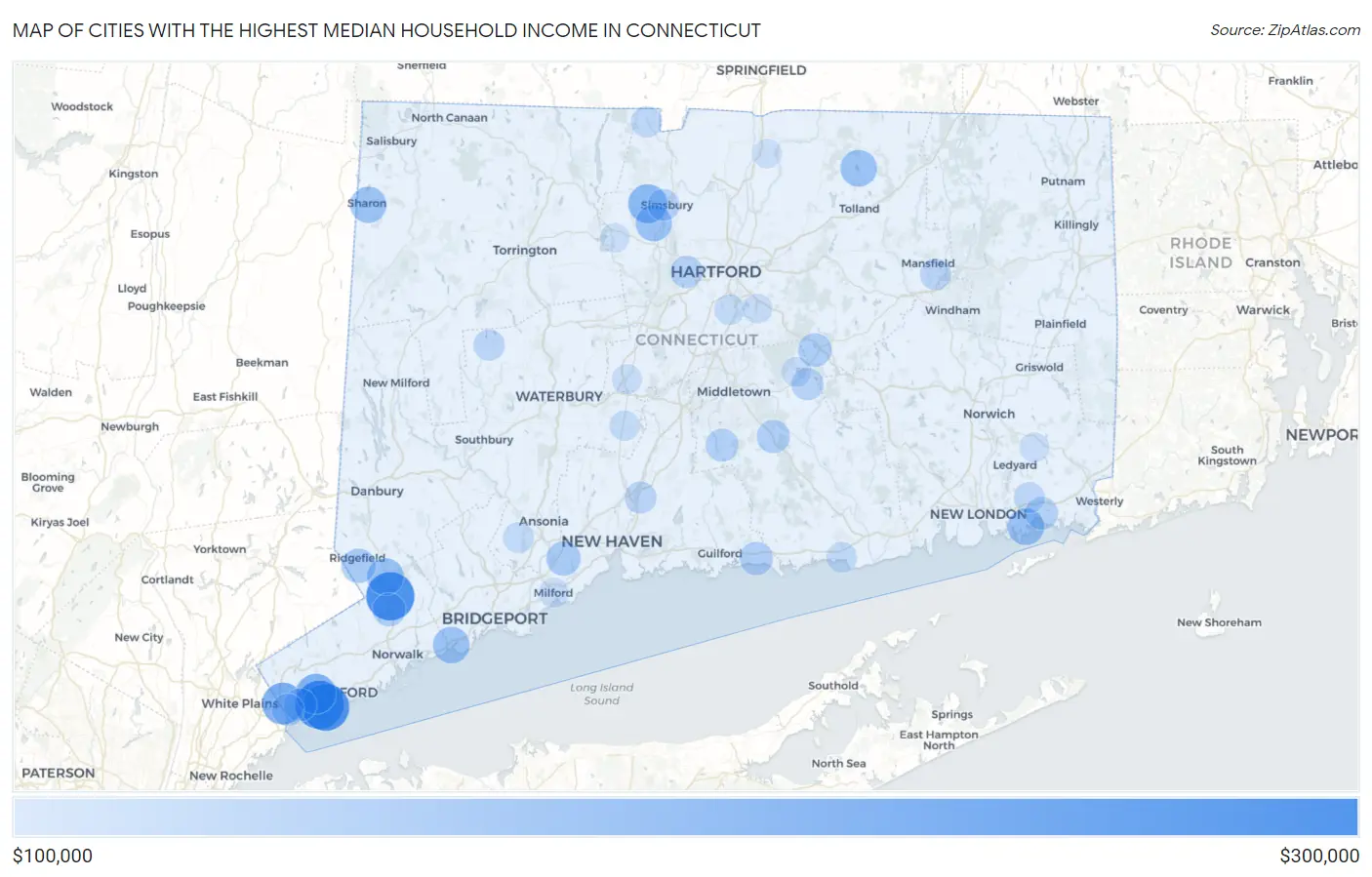 Cities with the Highest Median Household Income in Connecticut Map