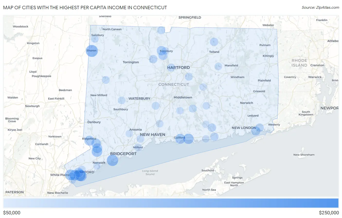 Cities with the Highest Per Capita Income in Connecticut Map