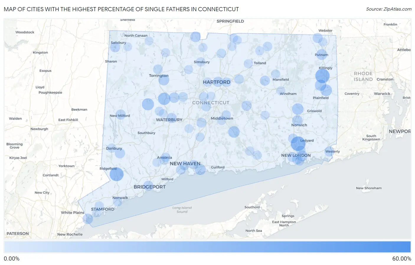 Cities with the Highest Percentage of Single Fathers in Connecticut Map