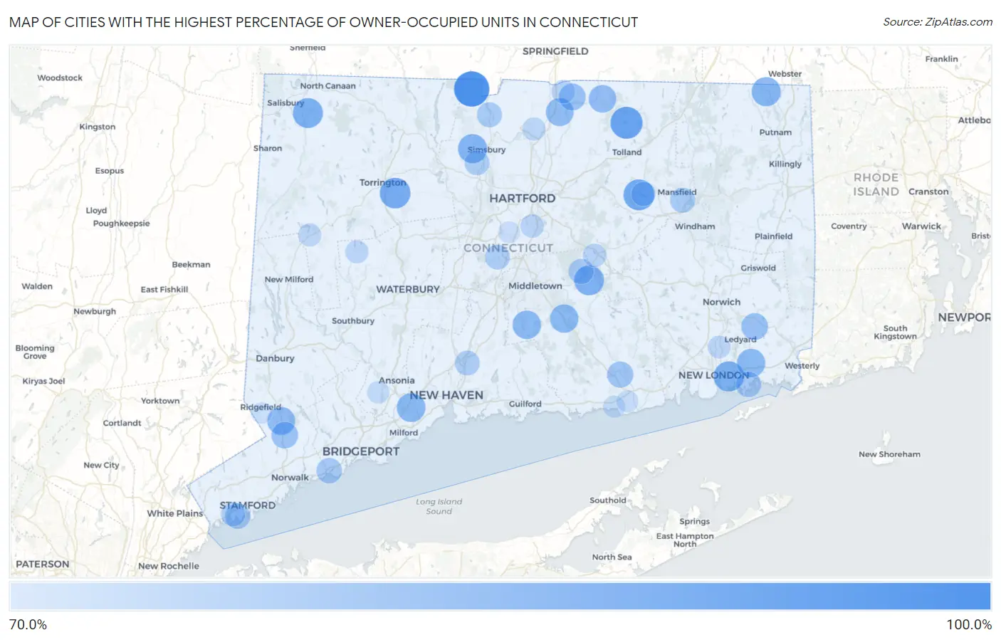 Cities with the Highest Percentage of Owner-Occupied Units in Connecticut Map