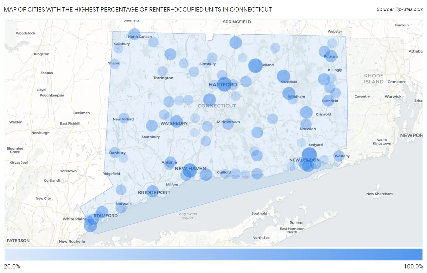 Cities with the Highest Percentage of Renter-Occupied Units in Connecticut Map
