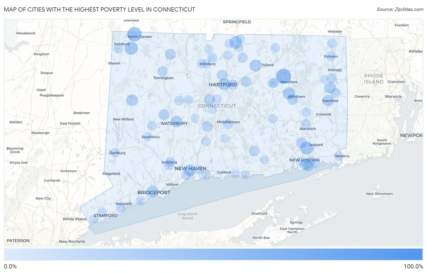 Cities with the Highest Poverty Level in Connecticut Map