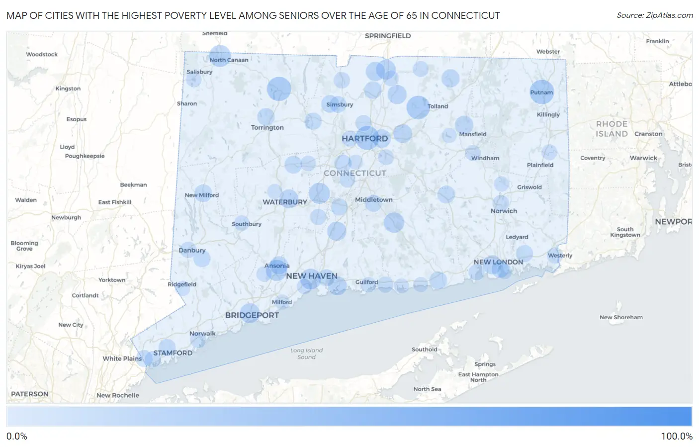 Cities with the Highest Poverty Level Among Seniors Over the Age of 65 in Connecticut Map
