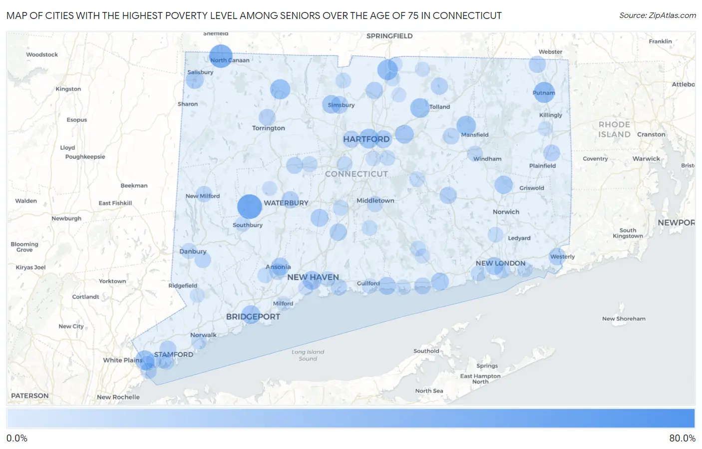 Cities with the Highest Poverty Level Among Seniors Over the Age of 75 in Connecticut Map