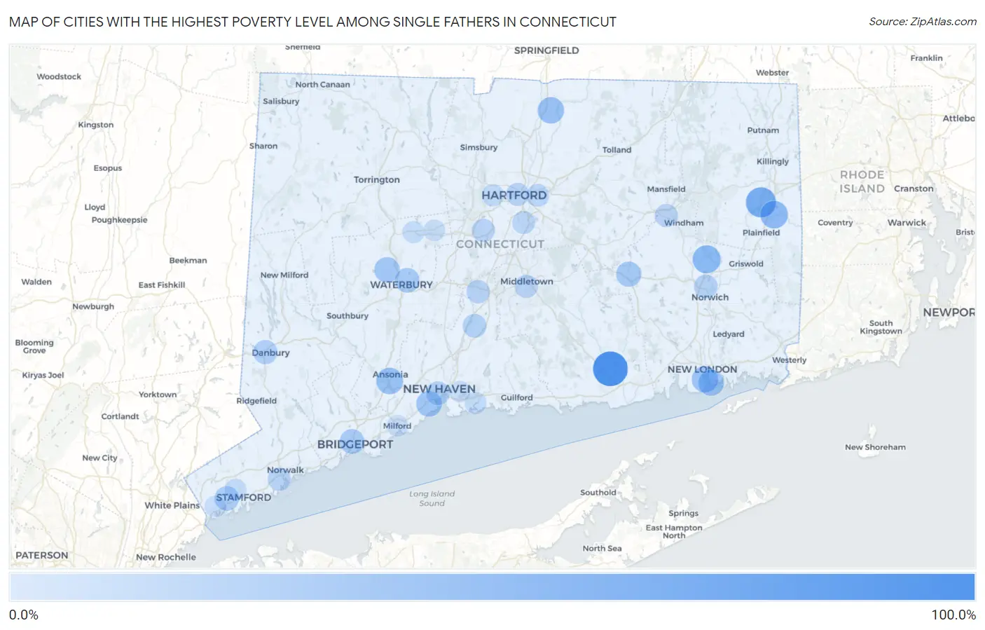 Cities with the Highest Poverty Level Among Single Fathers in Connecticut Map