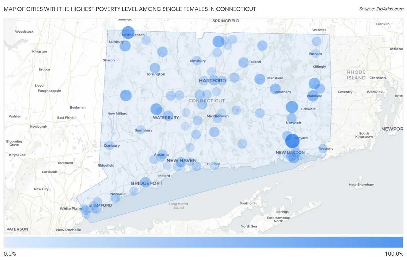 Cities with the Highest Poverty Level Among Single Females in Connecticut Map