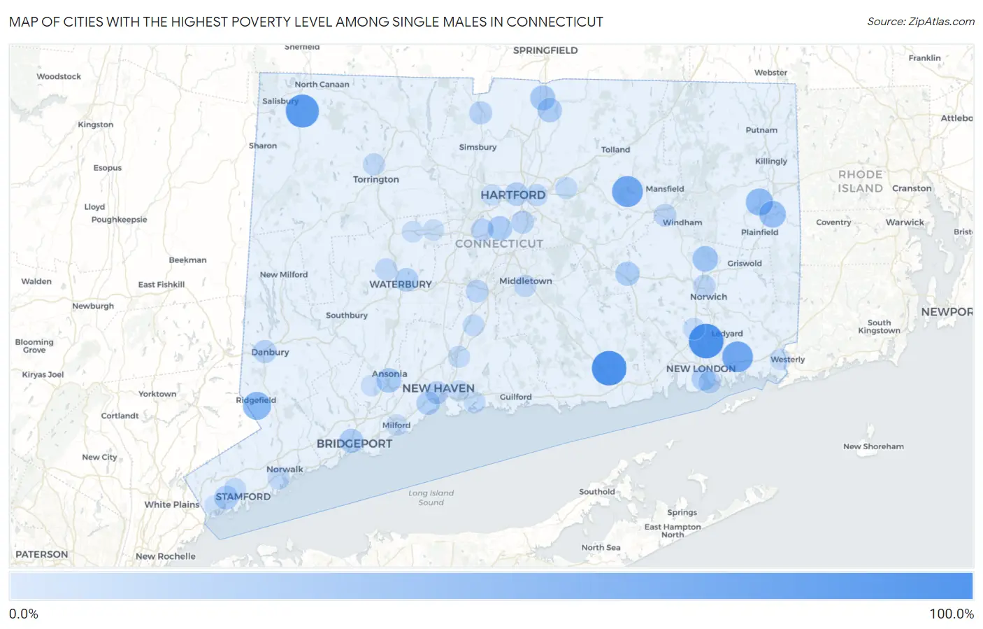Cities with the Highest Poverty Level Among Single Males in Connecticut Map