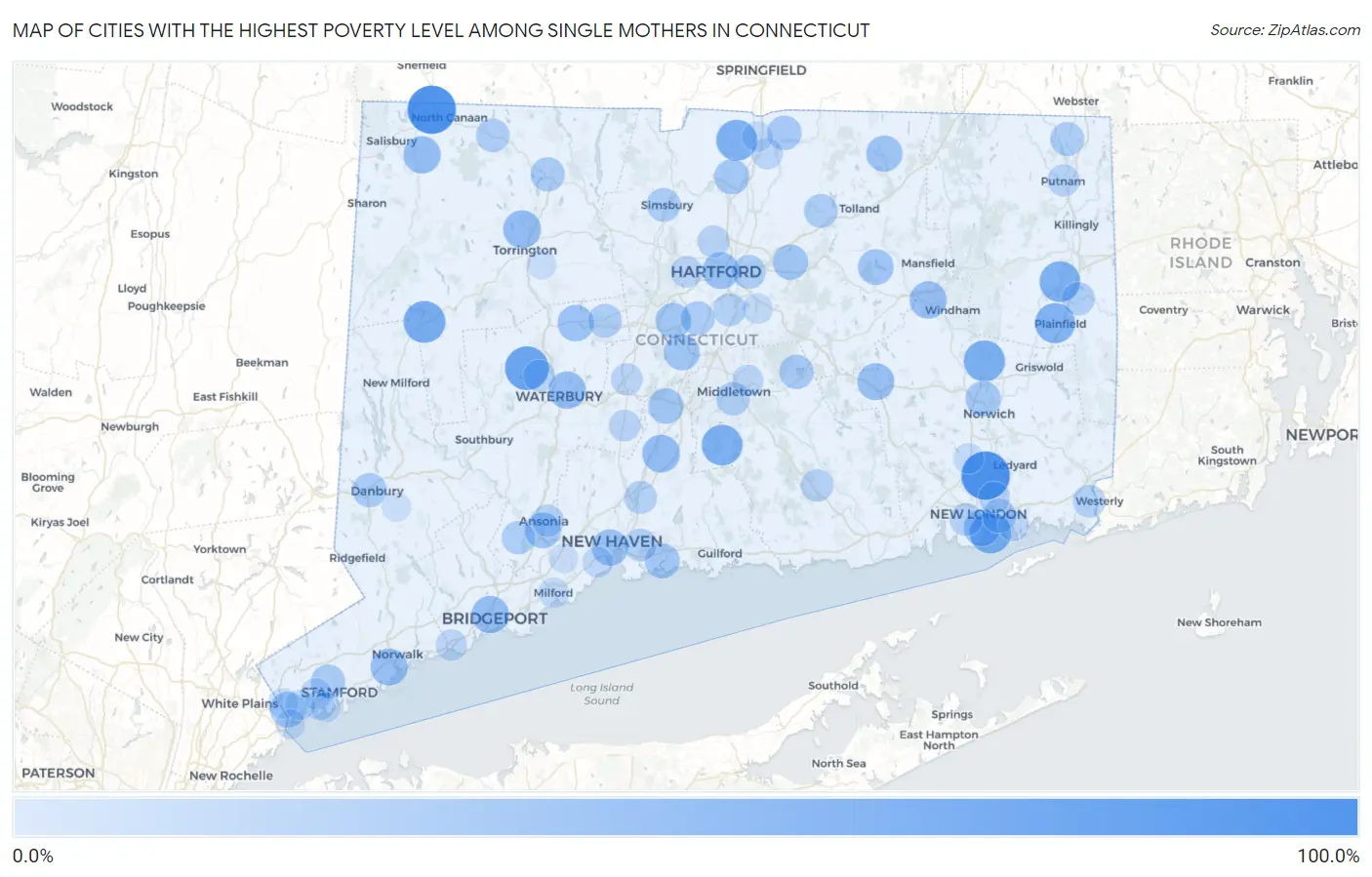 Cities with the Highest Poverty Level Among Single Mothers in Connecticut Map