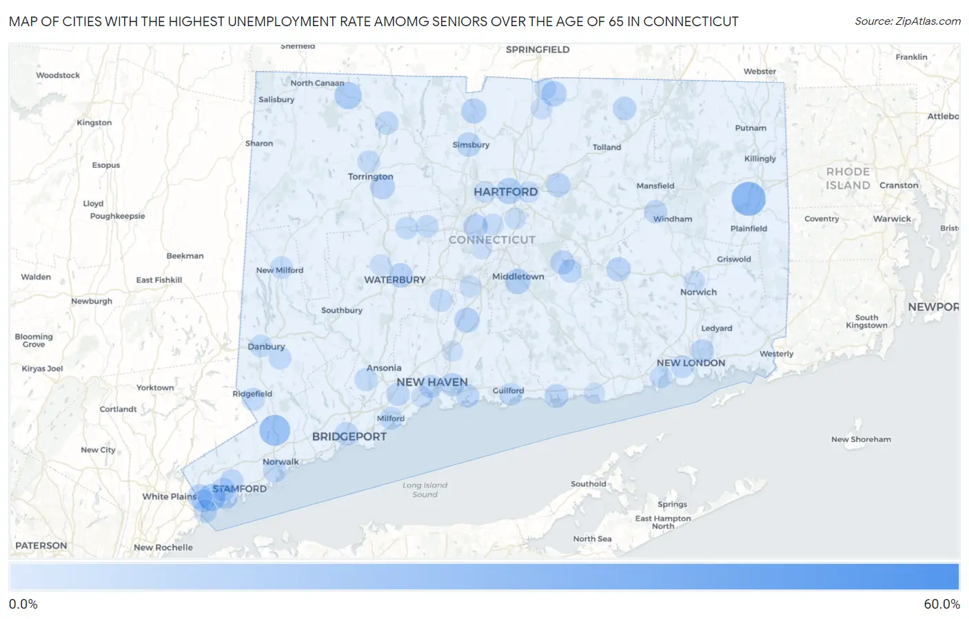 Cities with the Highest Unemployment Rate Amomg Seniors Over the Age of 65 in Connecticut Map
