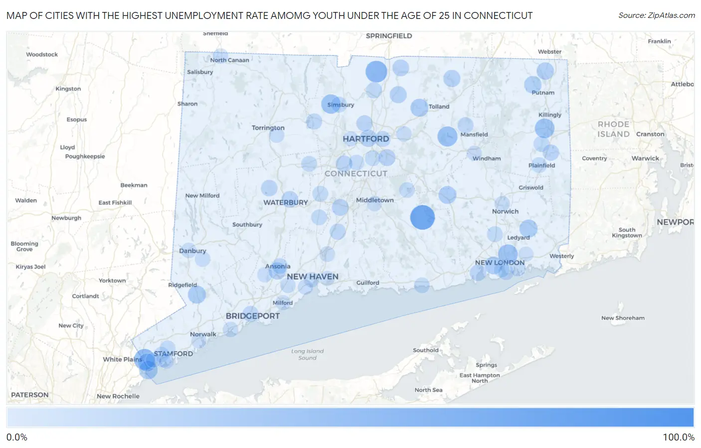 Cities with the Highest Unemployment Rate Amomg Youth Under the Age of 25 in Connecticut Map