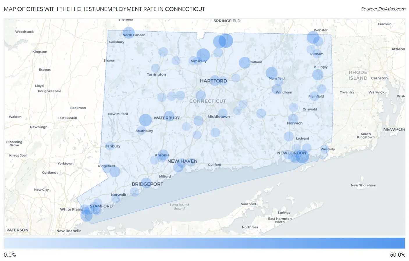 Cities with the Highest Unemployment Rate in Connecticut Map