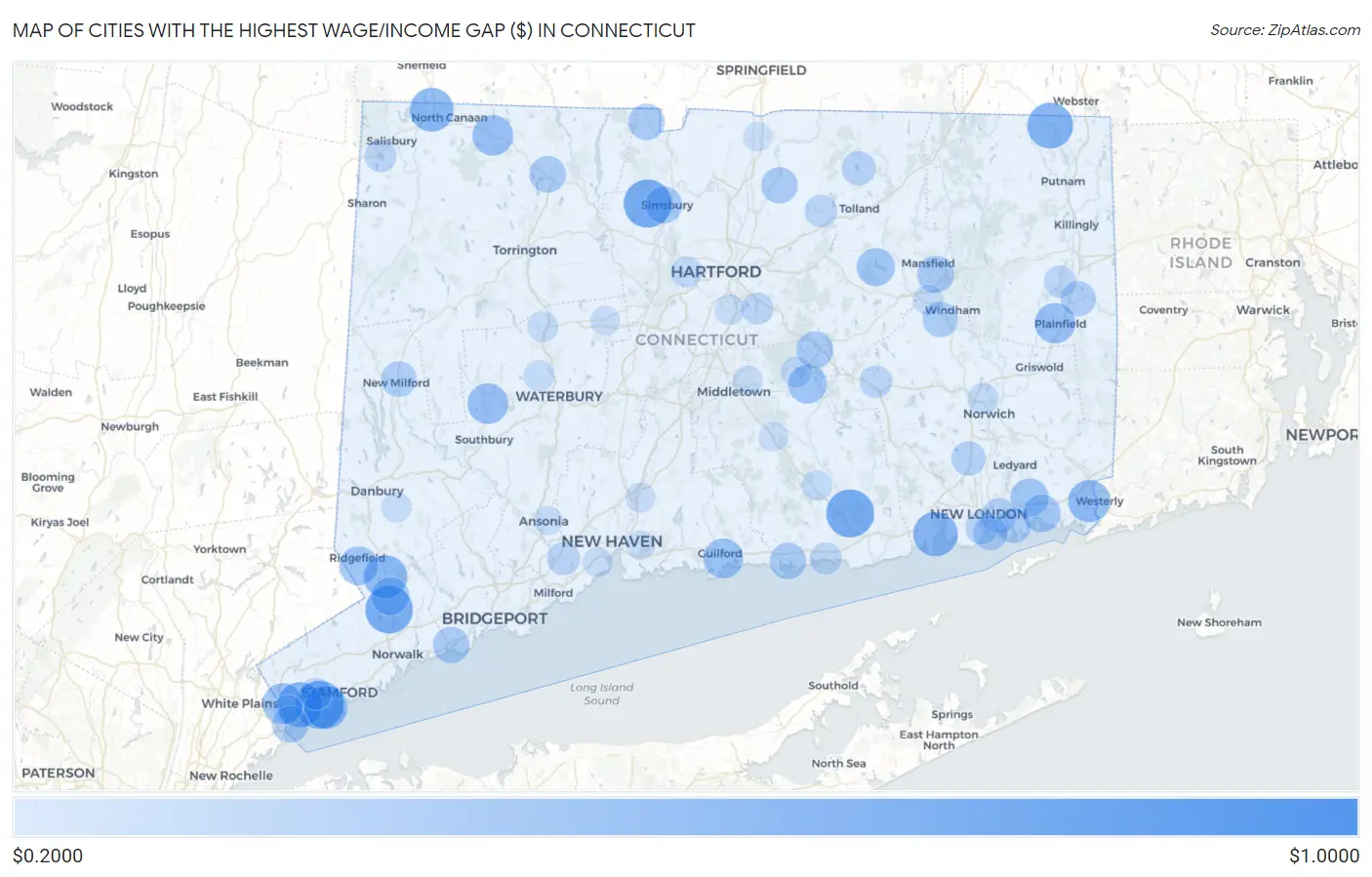 Cities with the Highest Wage/Income Gap ($) in Connecticut Map