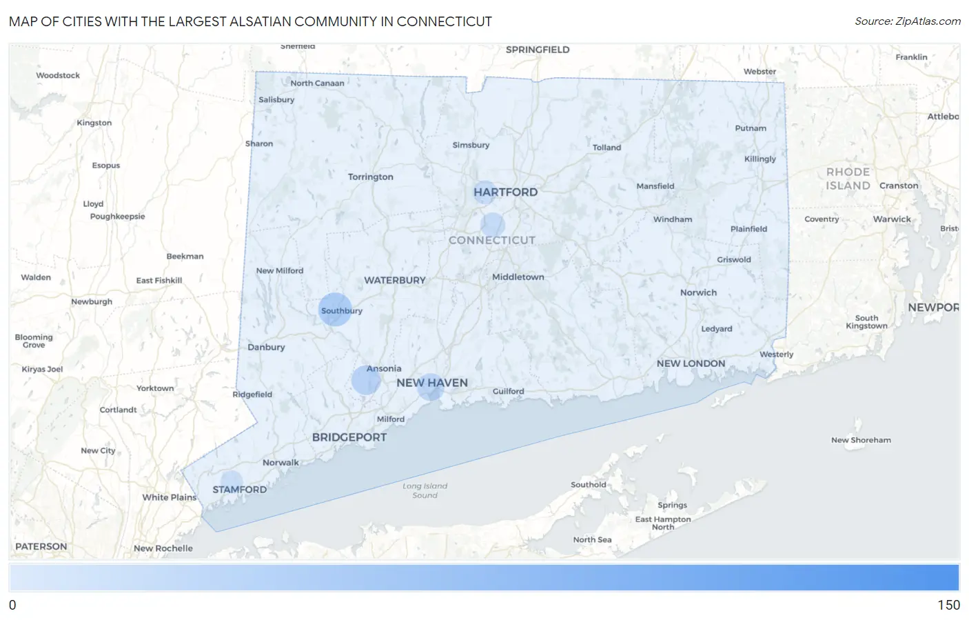 Cities with the Largest Alsatian Community in Connecticut Map