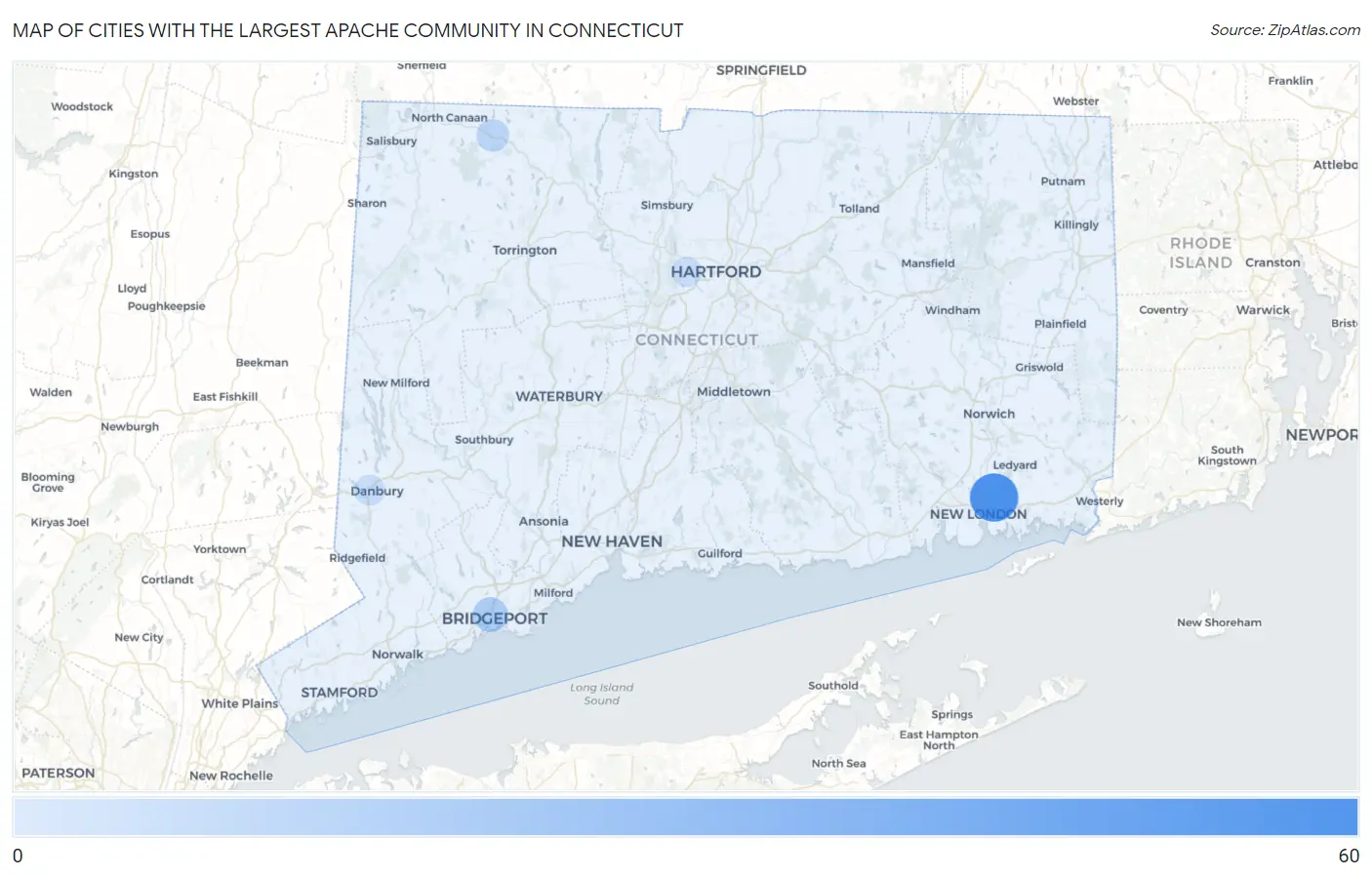 Cities with the Largest Apache Community in Connecticut Map