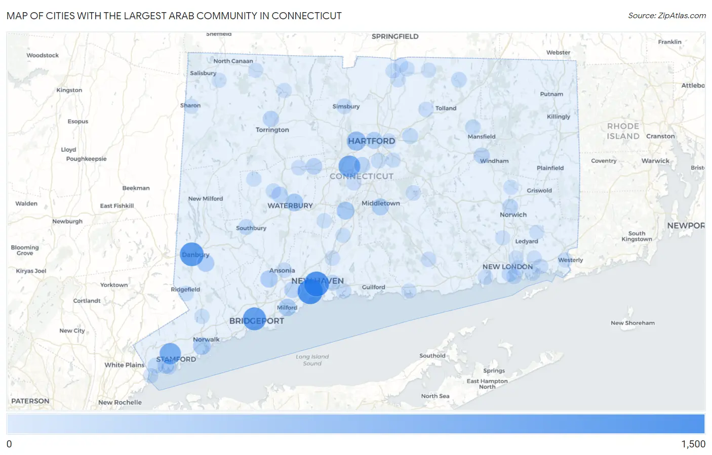 Cities with the Largest Arab Community in Connecticut Map